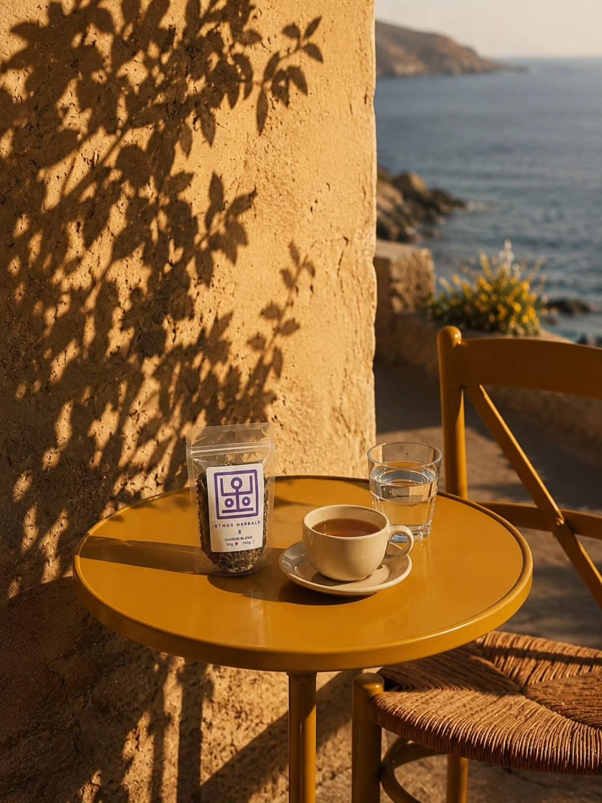 Τσάντα Ethos Herbals Oniros Blend και φλιτζάνι τσάι σε τραπεζάκι με θέα στη θάλασσα το ηλιοβασίλεμα.
